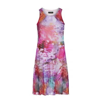Conquista Women's Sleeveless A-line Dress – Abstract Multicolor Print, Lined Cotton With Sheer Nylon Overlay