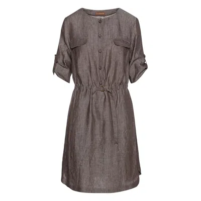 Conquista Women's Straight Brown Linen Dress With Belt Detail