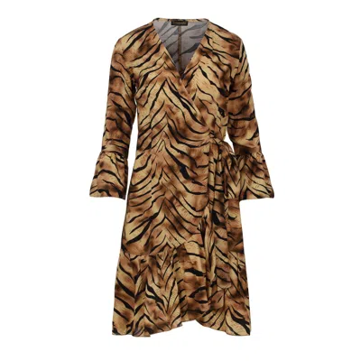 Conquista Women's Tiger Print Viscose Wrap Dress With Bell Sleeves In Brown