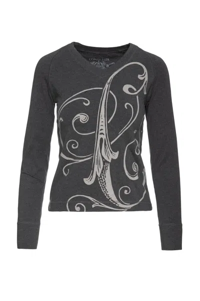 Conquista Women's V Neckline Dark Grey Print Top