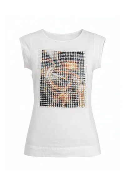 Conquista Women's White Embellished Graphic Cap-sleeve Top