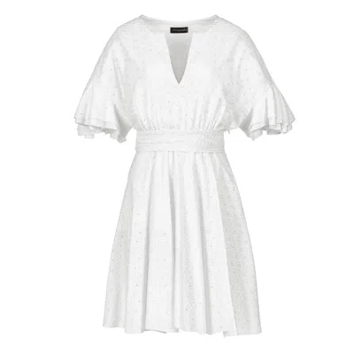 Conquista Women's White Embroidered Dress With Ruffle Sleeves