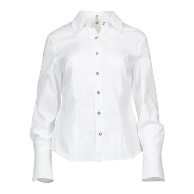 Conquista Women's White Poplin Button-up Shirt With Decorative Stitching