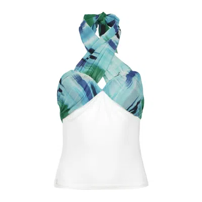 Conquista Women's White Printed Voile Cross-strap Viscose Fitted Top