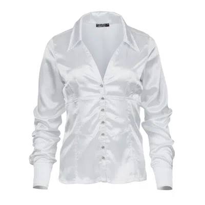 Conquista Women's White Satin-finish Blouse With Strass Button Detail – Fitted & Elegant