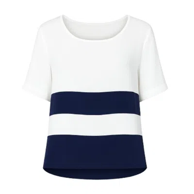 Conquista Women's White Short Sleeve Top With Blue Stripes