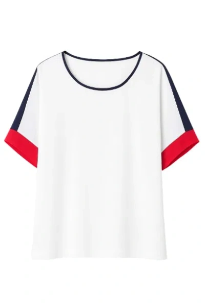 Conquista Women's White Short Sleeve Top With Red & Blue Detail