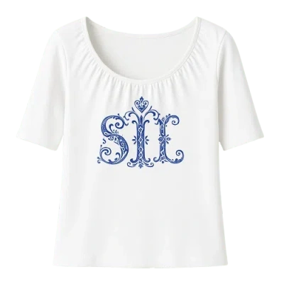 Conquista Women's White Top With Print & Gathered Neckline