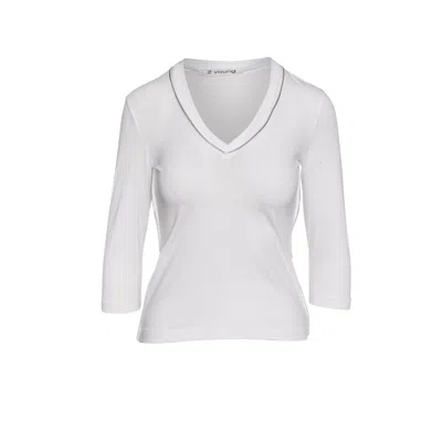 Conquista Women's White Zip Detail V Neck Top