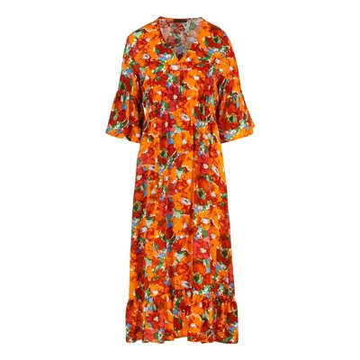 Conquista Women's Yellow / Orange Floral Ruffle Detail Midi Dress In Yellow/orange