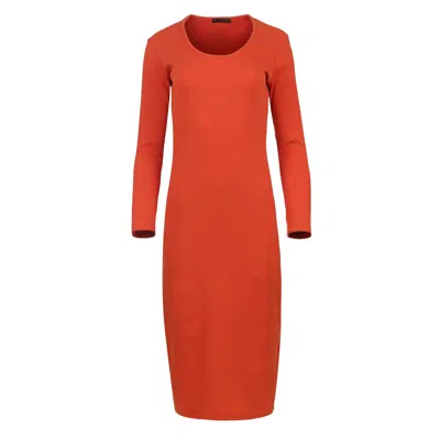 Conquista Women's Yellow / Orange Long Sleeve Round Neck Midi Dress In Ribbed Cotton-elastane Dark Orange