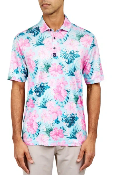 Construct Exploded Floral Golf Polo In Pink/light Blue