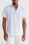 Construct Fish Print Short Sleeve Stretch Button-down Shirt In White