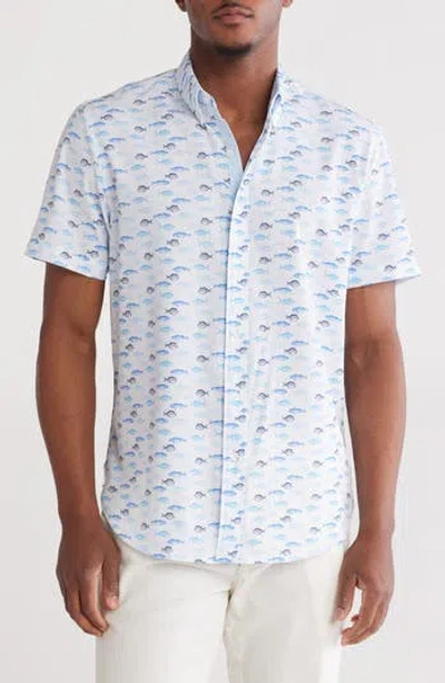 Construct Fish Print Short Sleeve Stretch Button-down Shirt In White