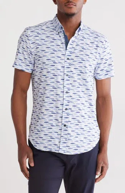 Construct Fish Print Short Sleeve Stretch Button-down Shirt In White/blue