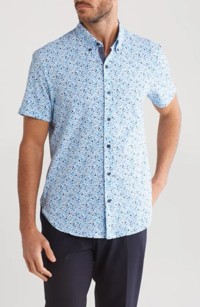 Construct Floral Stretch Short Sleeve Button-down Shirt In Blue/ White