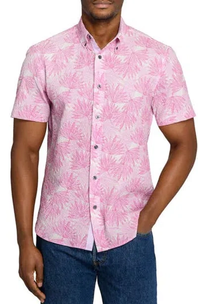 Construct Palm Print Short Sleeve Seersucker Button-up Shirt In Pink
