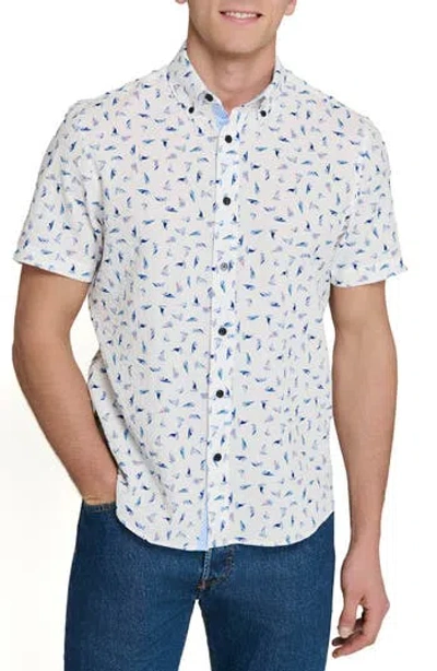 Construct Sailboat Print Short Sleeve Seersucker Button-up Shirt In White