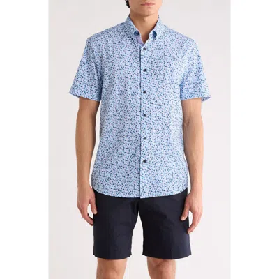 Construct Slim Fit Abstract Leaf Print Short Sleeve Button-down Shirt In Blue