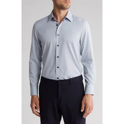 Construct Slim Fit Abstract Square Four-way Stretch Performance Button Up Shirt In White/blue
