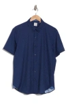 Construct Slim Fit Dot Short Sleeve Stretch Button-down Shirt In Navy
