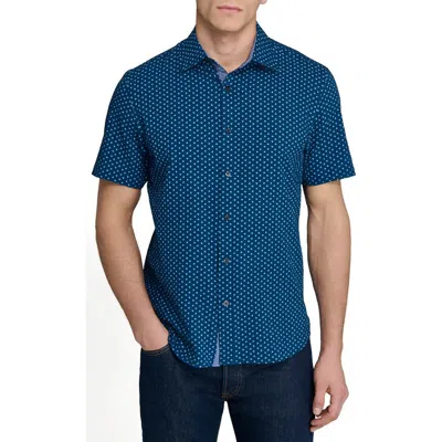 Construct Slim Fit Falling Feathers Seersucker Short Sleeve Shirt In Blue