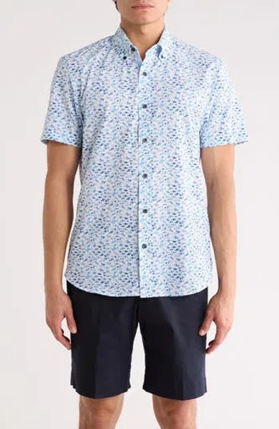Construct Slim Fit Fish Floral Print Short Sleeve Button-down Shirt In Blue