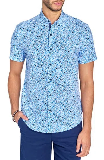 Construct Slim Fit Floral Four-way Stretch Short Sleeve Button-down Shirt In Blue/white