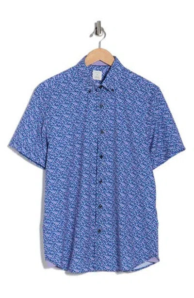 Construct Slim Fit Floral Leaf Print Short Sleeve Button-down Shirt In Blue