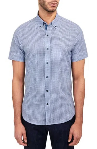Construct Slim Fit Geometric Print Short Sleeve 4-way Stretch Performance Button-up Shirt In Blue/white