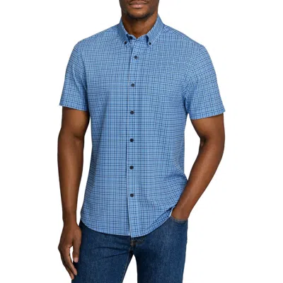 Construct Slim Fit Houndstooth Plaid Woven Short Sleeve Basic Shirt In Blue