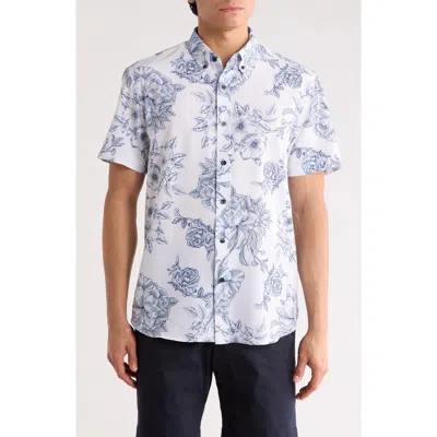 Construct Slim Fit Large Floral Print Short Sleeve Button-down Shirt In Blue