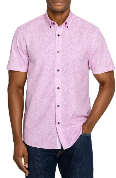 Construct Slim Fit Sketched Floral Woven Short Sleeve Basic Shirt In Pink