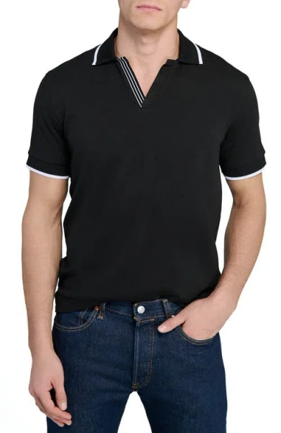 Construct Slim Fit Solid Johnny Collar Short Sleeve Polo In Black