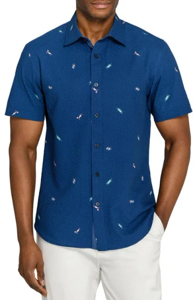 Construct Slim Fit Tropical Drinks Woven Short Sleeve Seersucker In Blue