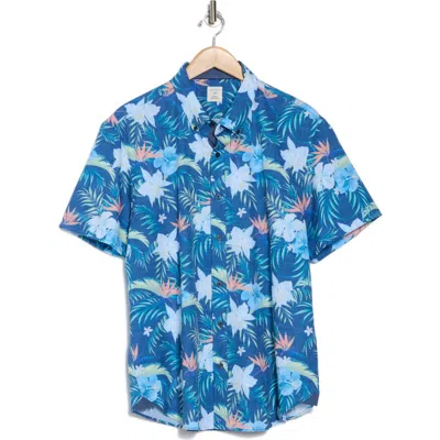 Construct Tropical Floral Short Sleeve Stretch Button-down Shirt In Navy