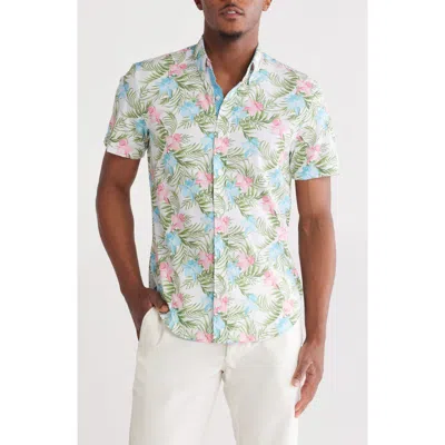 Construct Tropical Short Sleeve Button Front Shirt In White/green