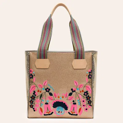 Consuela Lyla Brown Floral Embroidered Classic Tote Bag In Pink