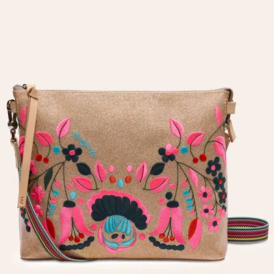 Consuela Lyla Downtown Brown Floral Embroidered Crossbody Bag In Pink