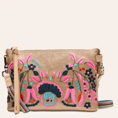 Consuela Lyla Midtown Brown Floral Embroidered Crossbody Bag In Pink