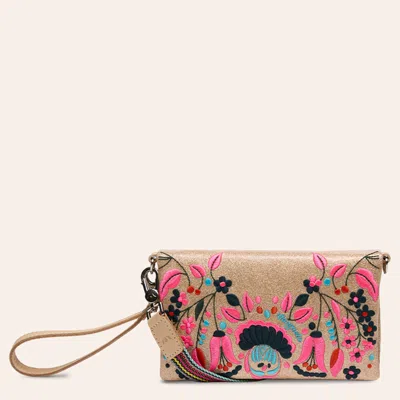 Consuela Lyla Uptown Brown Floral Embroidered Crossbody Bag In Pink
