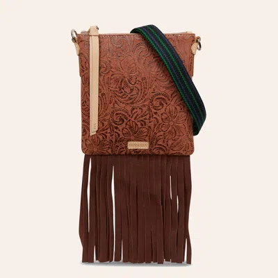 Consuela Sally Explorer Brown Tooled Leather Fringed Mini Bag