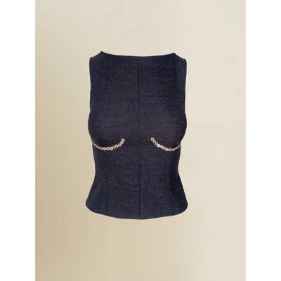 Contessa Mills Cora Elegant Textured Twill Boatneck With Shell Buttons Top In Blue