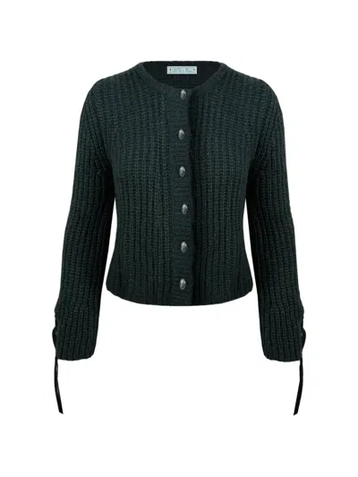 Contessa Mills Lace-up Ribbed-knit Cardigan In Green