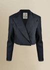 Contessa Mills Morgaine Cropped Linen Lace-trim Blazer In Blue