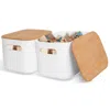 Contrain 2pcs Storage Bins With Bamboo Lids Stackable Plastic Storage Container With Handle Storage Box Acces In White