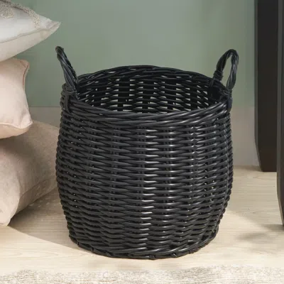 Contrain Round Resin Woven Wicker Basket With Handles - 13" X 13" X 10.2" - Black - For Clothes, Towels, Toys