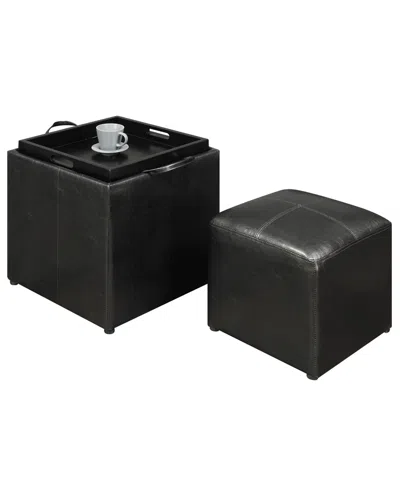 Convenience Concepts 17.5" Faux Leather Park Avenue Ottoman With Stool And Tray In Black Faux Leather