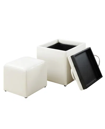 Convenience Concepts 17.5" Faux Leather Park Avenue Ottoman With Stool And Tray In Ivory Faux Leather