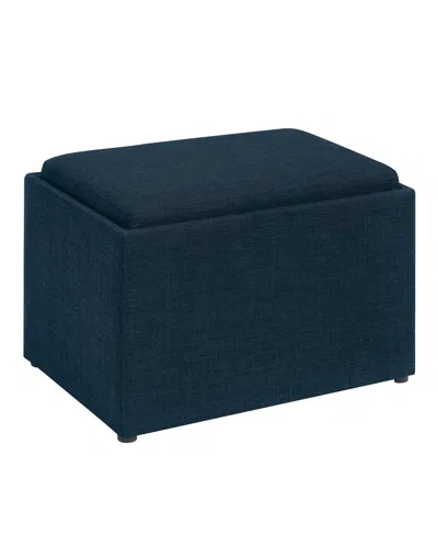 Convenience Concepts 22.75" Faux Linen Accent Storage Ottoman With Tray In Dark Blue Fabric